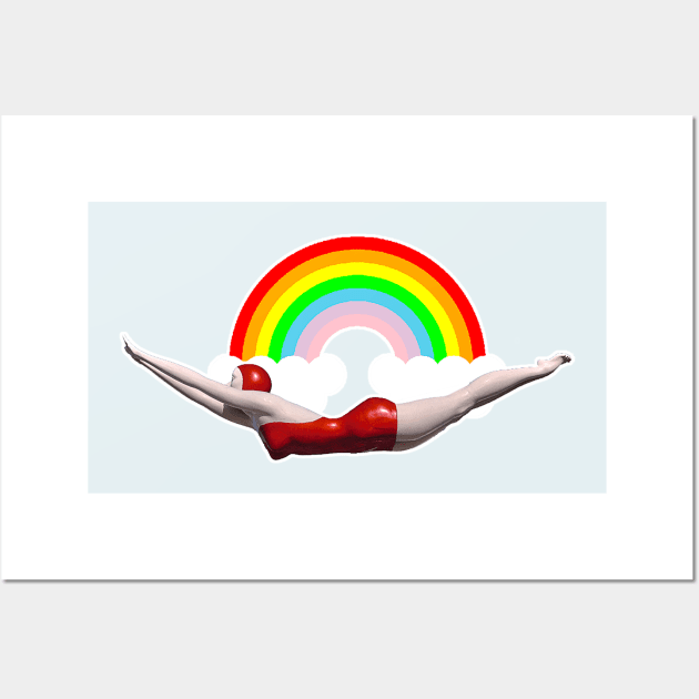 Swimmer in a red bathing suit in the middle of the rainbow of dreams Wall Art by Marccelus